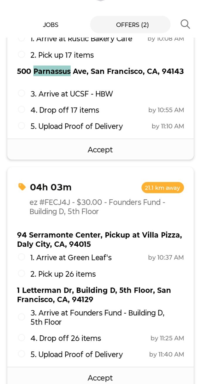VROMO Driver screen showing a $30 MealsNow offer for 26 items from Villa Pizza in Daly City to One Letterman Drive in San Francisco with pickup 21.1 kilometers away