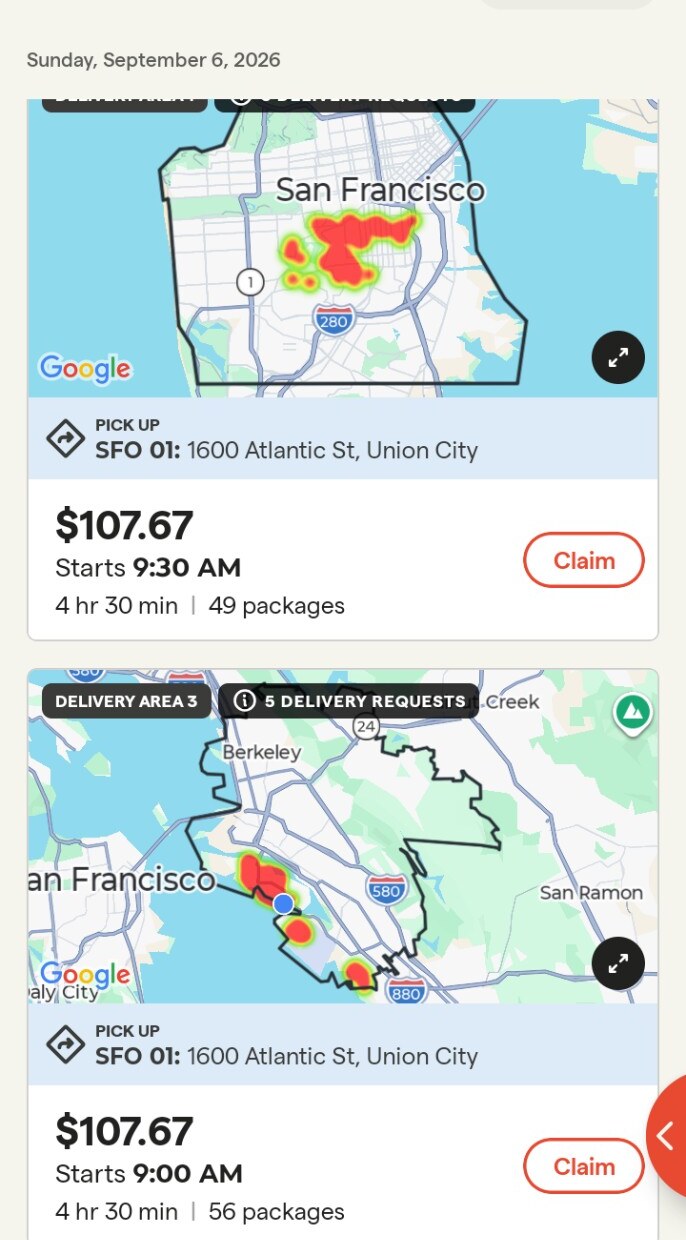 Two Veho Driver offers for $107.67, each estimated at 4 hours 30 minutes, with 49 and 56 packages