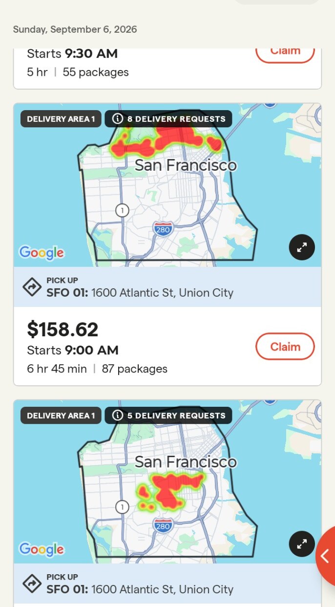 Veho Driver route offer for $158.62, estimated at 6 hours 45 minutes with 87 packages, from SFO 01 in Union City